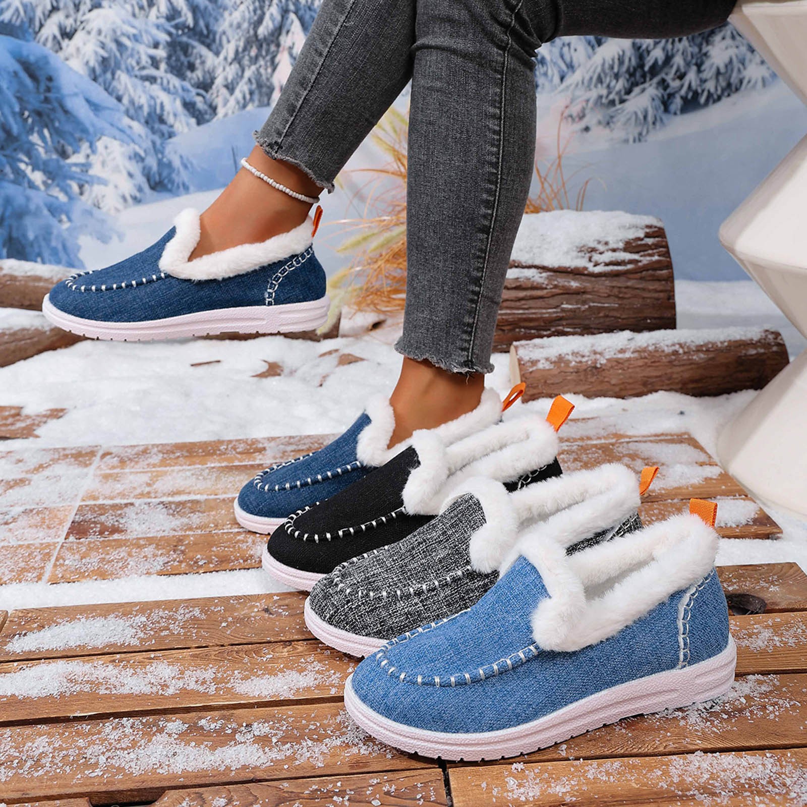 Loafer Slippers for Women Flat Heel Closed Toe Slip-on House Slides Women's Casual Indoor Outdoor Winter Warm Outerwear Plus Velvet Home Flat SlippersLight Blue 9.5