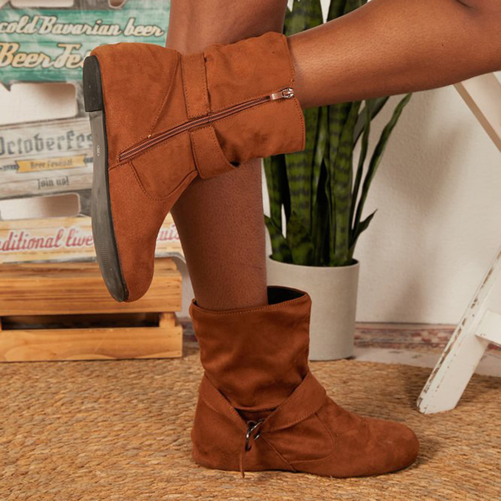 2025 Clearance! Clearance under $5 asdoklhq Womens Slip On Shoes Under $15,Women's Winter Flat Leather Belt Buckle Suede Zipper Round Toe Ankle Boots