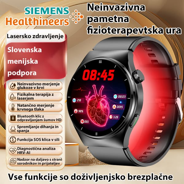 Siemensova neinvazivna laserska terapevtska ura v realnem času spremlja srčni utrip, krvni tlak in raven sladkorja v krvi.