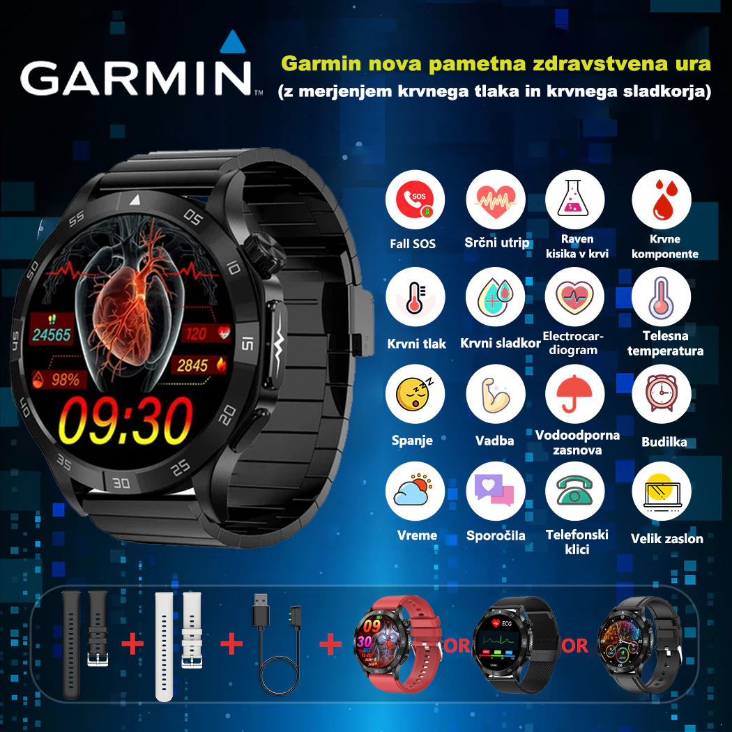 🚀 Uradni distributer | ⌚️ Posodobljeno za leto 2026! Garmin AI pametna zdravstvena ura – merjenje krvnega sladkorja in krvnega tlaka, s funkcijo klicev, 2 paščka kot darilo 🎁📞
