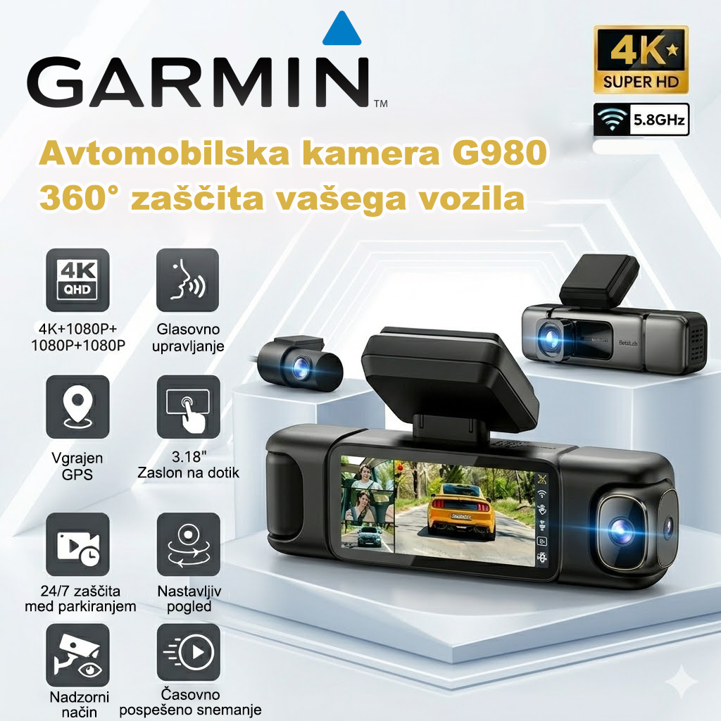 🚗 Garmin G980 pametna avtomobilska kamera | 360° panoramski nadzor za celodnevno zaščito vaše varnosti med vožnjo  Opremljena s štirikamernim sistemom, 4K Ultra HD nočnim vidom, GPS sledenjem poti in AI glasovnim upravljanjem.