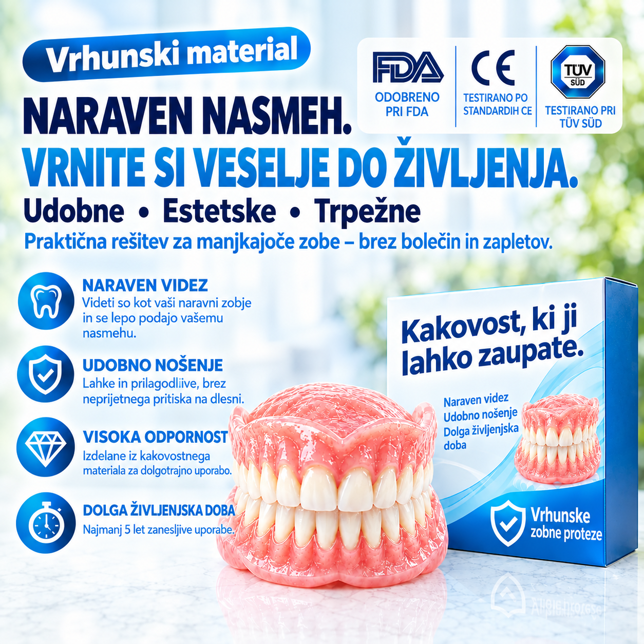Zobni nadomestki iz zobne PMMA smole – naraven odtenek, visoka odpornost in udobno prileganje ustni votlini