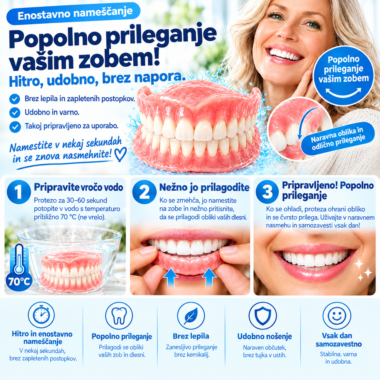 Zobni nadomestki iz zobne PMMA smole – naraven odtenek, visoka odpornost in udobno prileganje ustni votlini