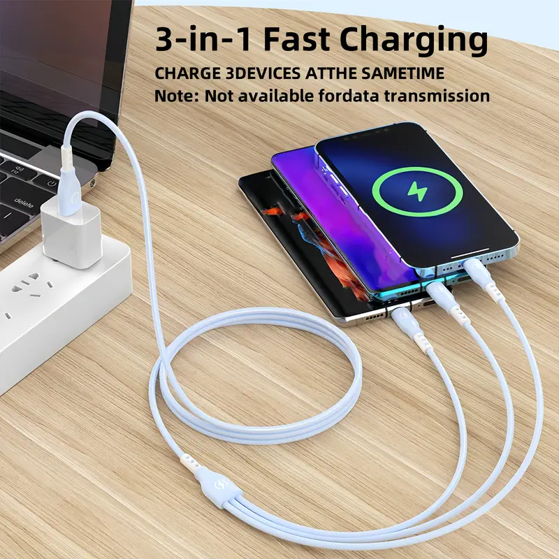 1個/3個セット 66W 3-in-1高速充電USB充電ケーブル、超高速データ同期コード、3、28.65メートル柔軟耐久性ケーブル、≤36V動作電圧、50-80W出力