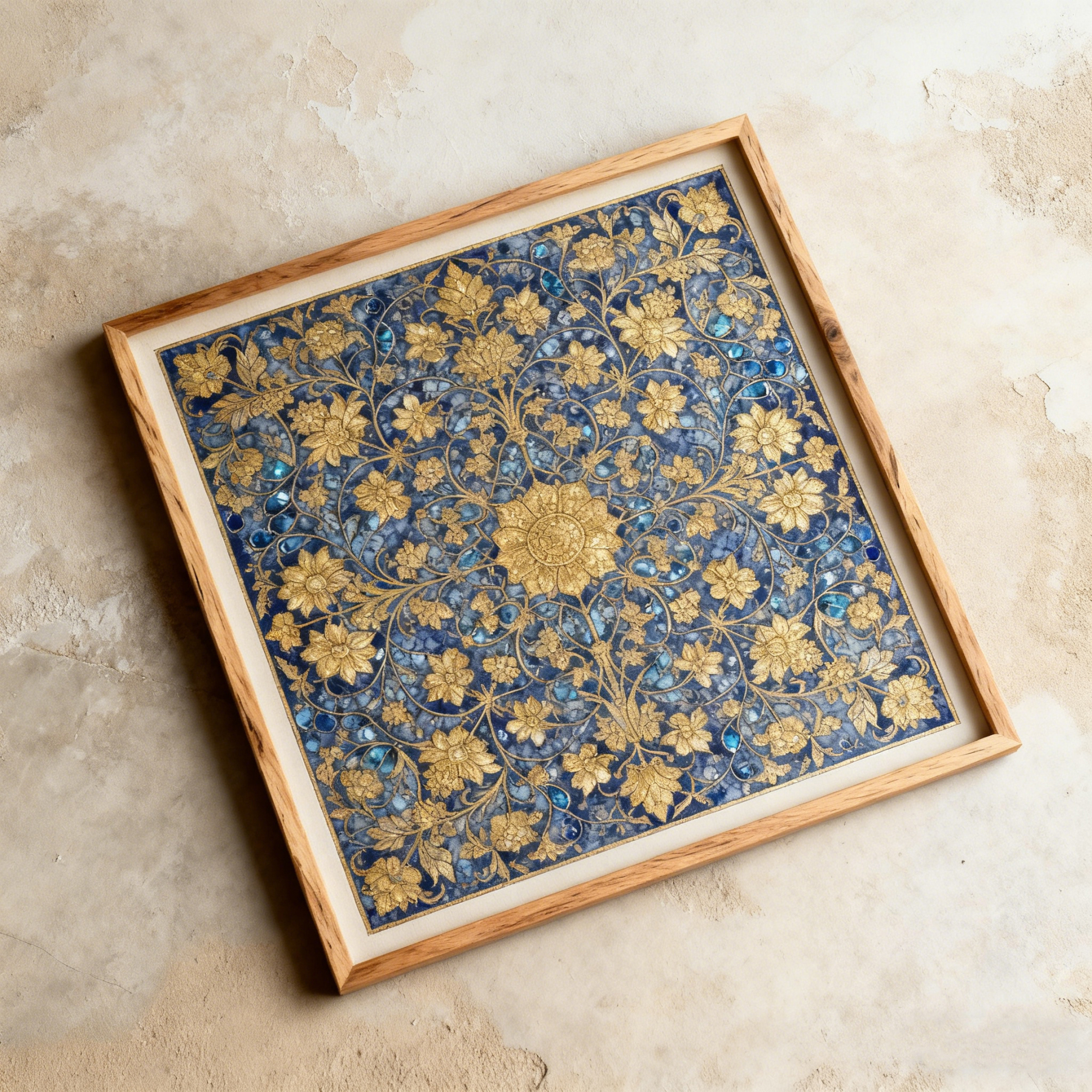 Arany mintás falfestmény kék háttéren(4 darabos）