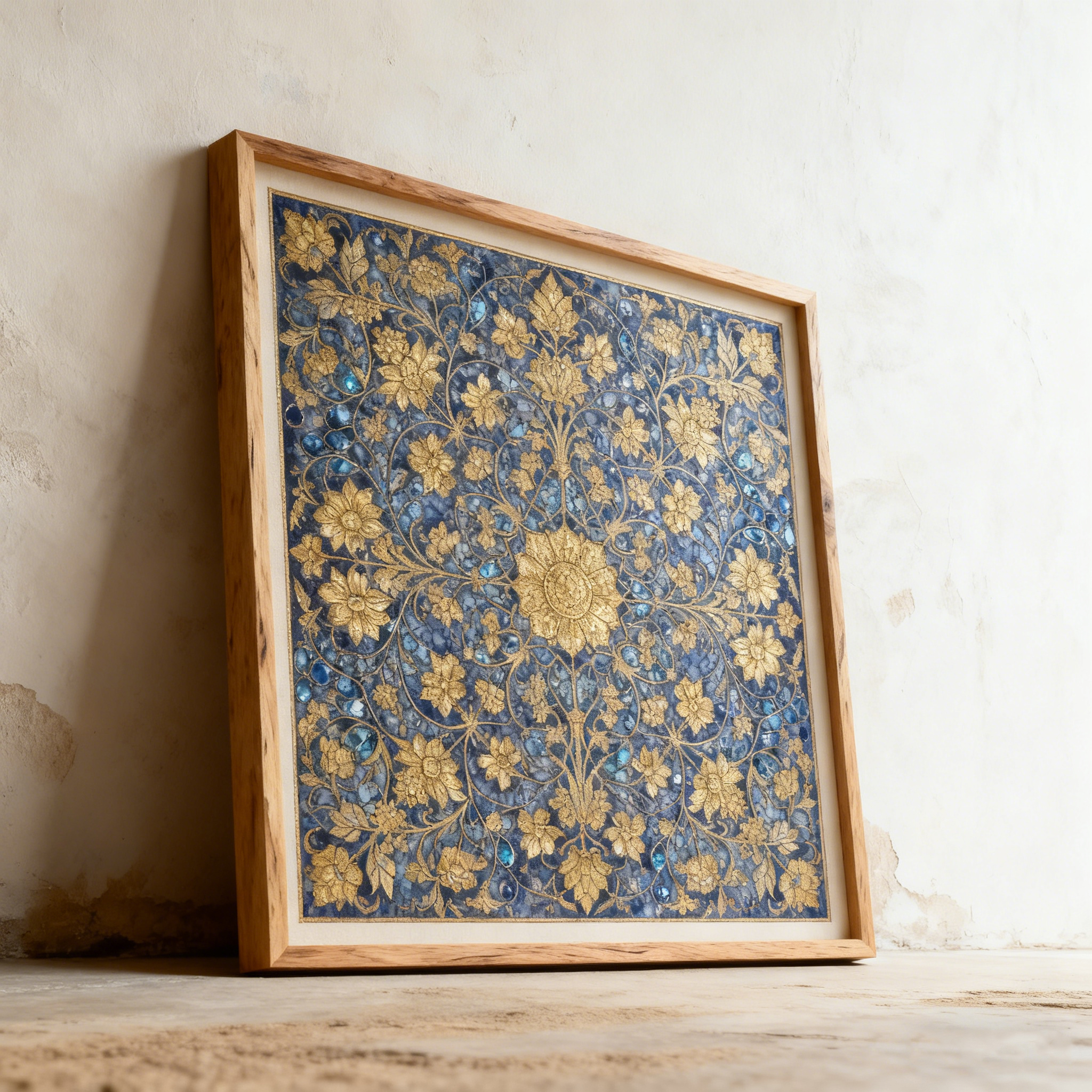 Arany mintás falfestmény kék háttéren(4 darabos）