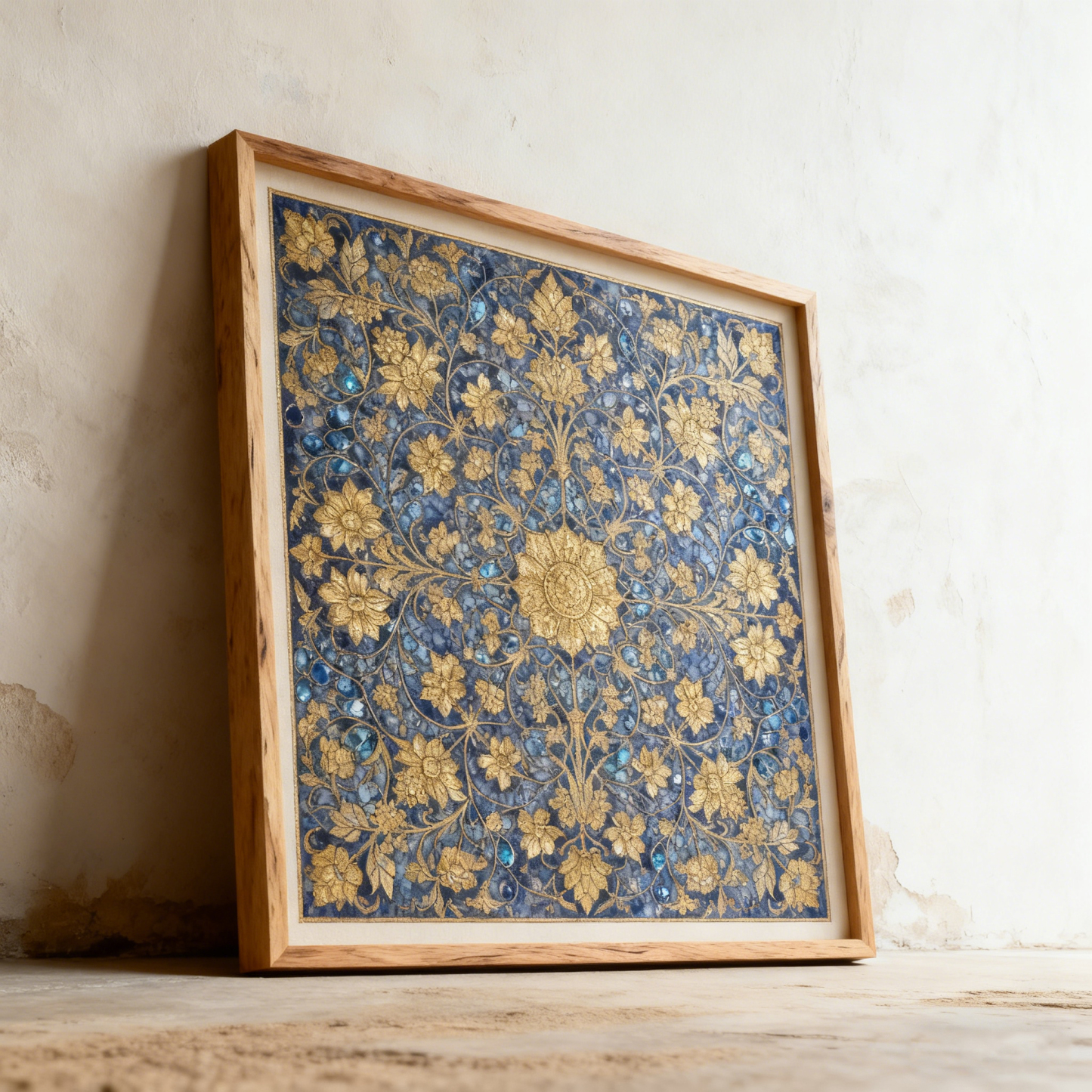 Arany mintás falfestmény kék háttéren(4 darabos）