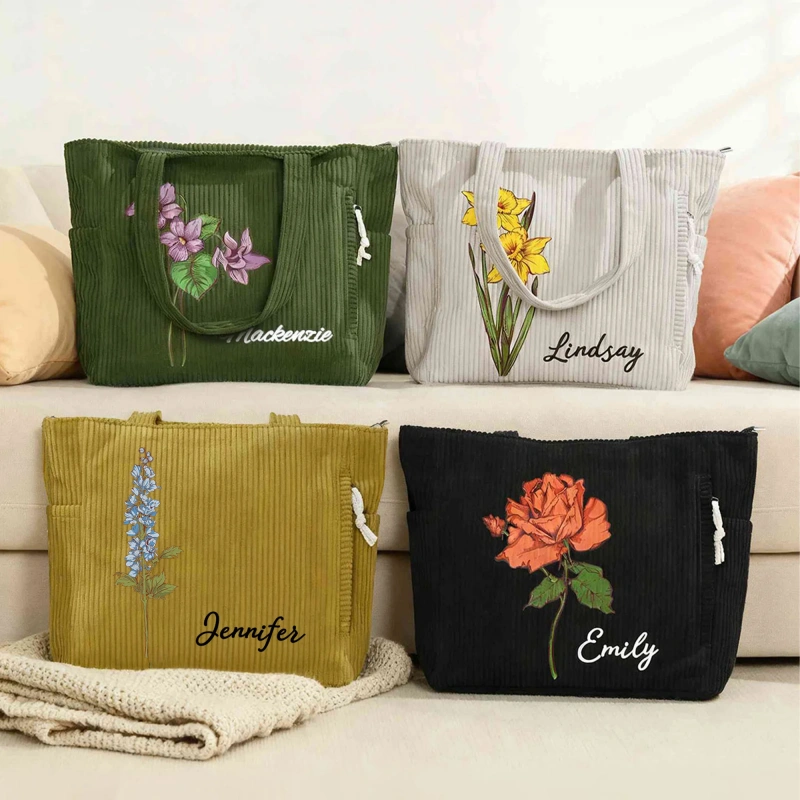 Personalized Birth Flower Corduroy Daily Use Tote Bag with Name