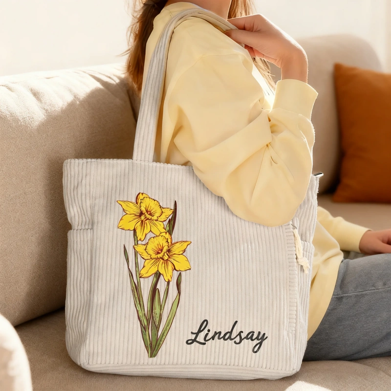 Personalized Birth Flower Corduroy Daily Use Tote Bag with Name