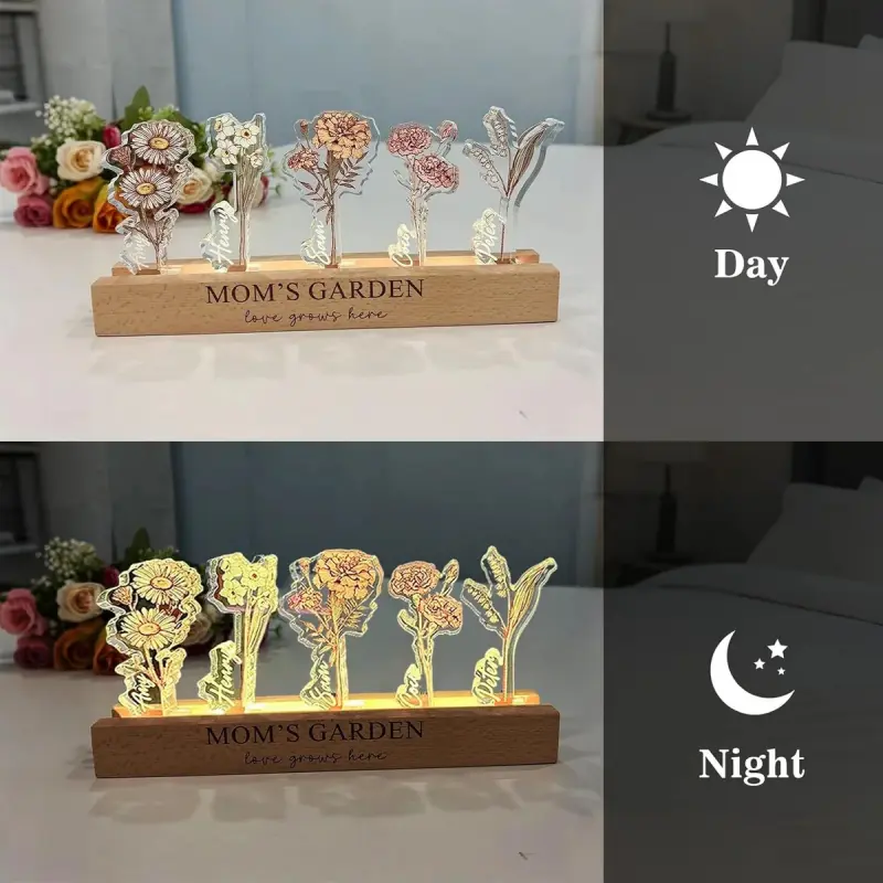 Custom Birth Flower 3D Crystal Acrylic LED Light With Children's Names