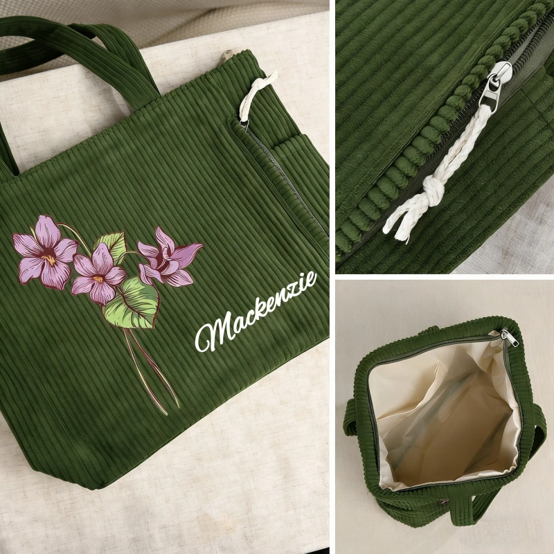 Personalized Birth Flower Corduroy Daily Use Tote Bag with Name