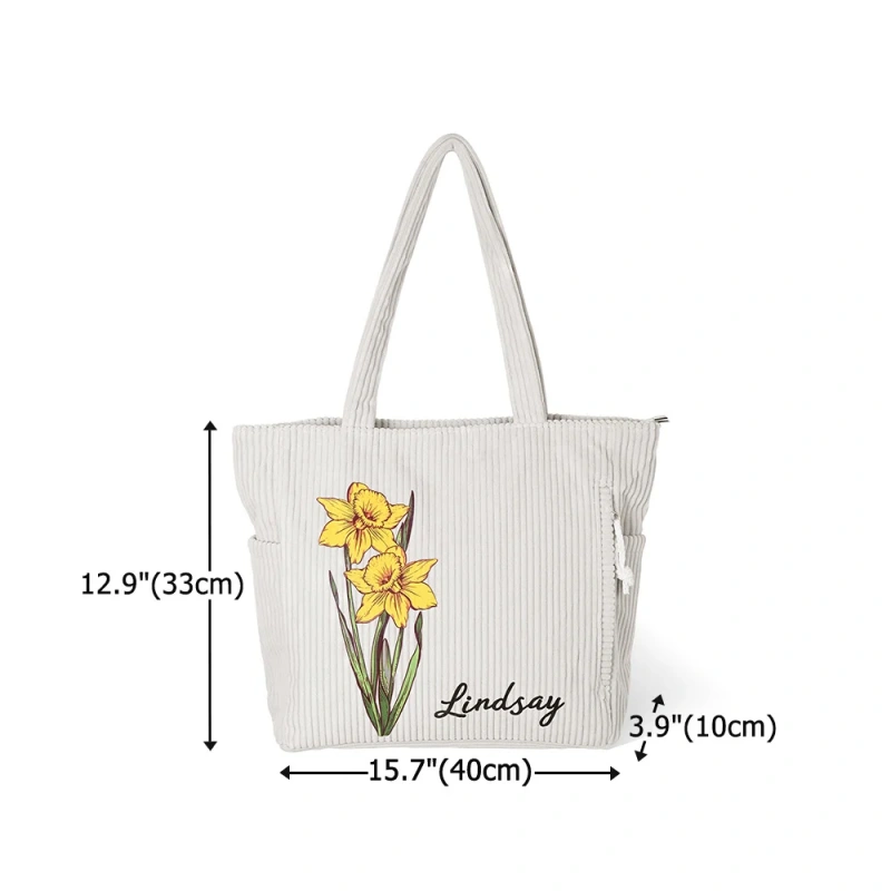 Personalized Birth Flower Corduroy Daily Use Tote Bag with Name