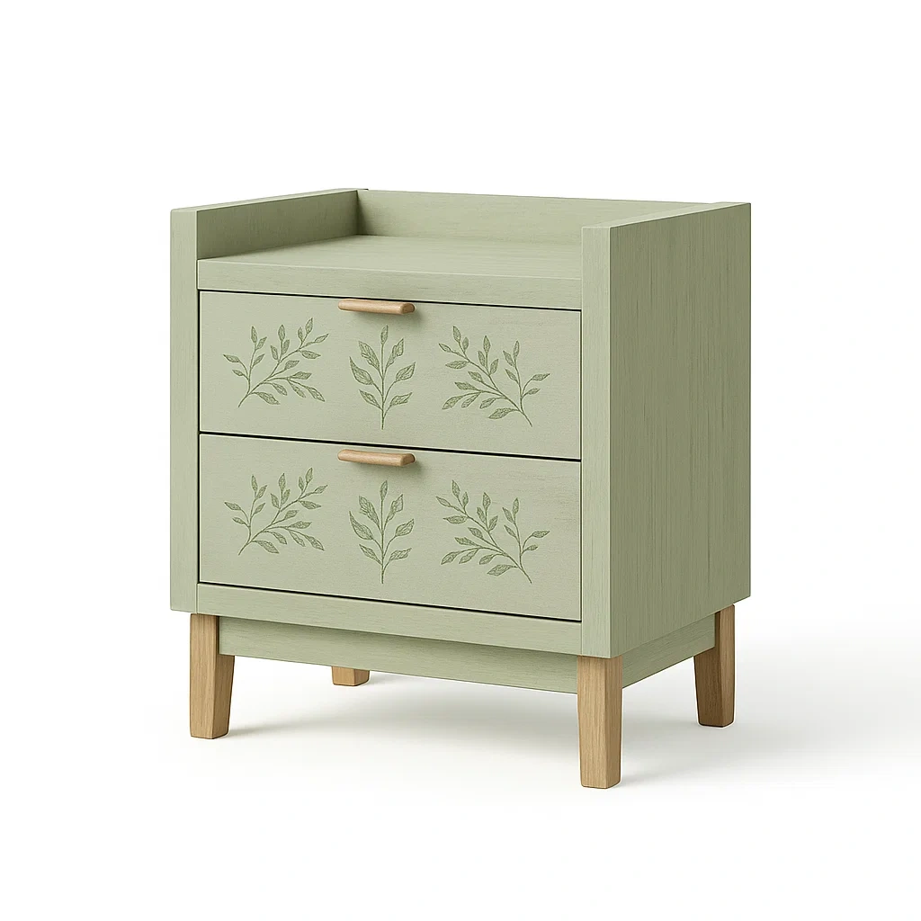 Comodini in legno due cassetti verde con decorazioni