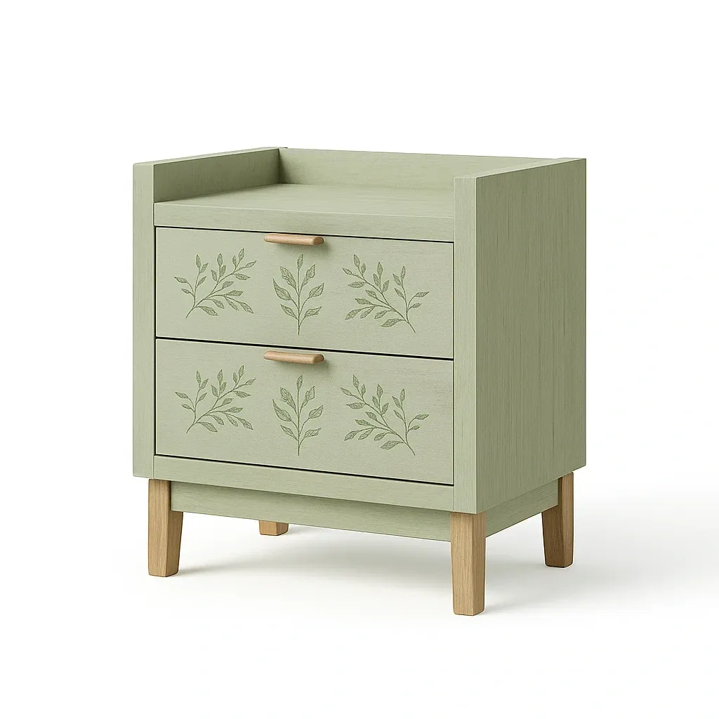 Comodini in legno due cassetti verde con decorazioni