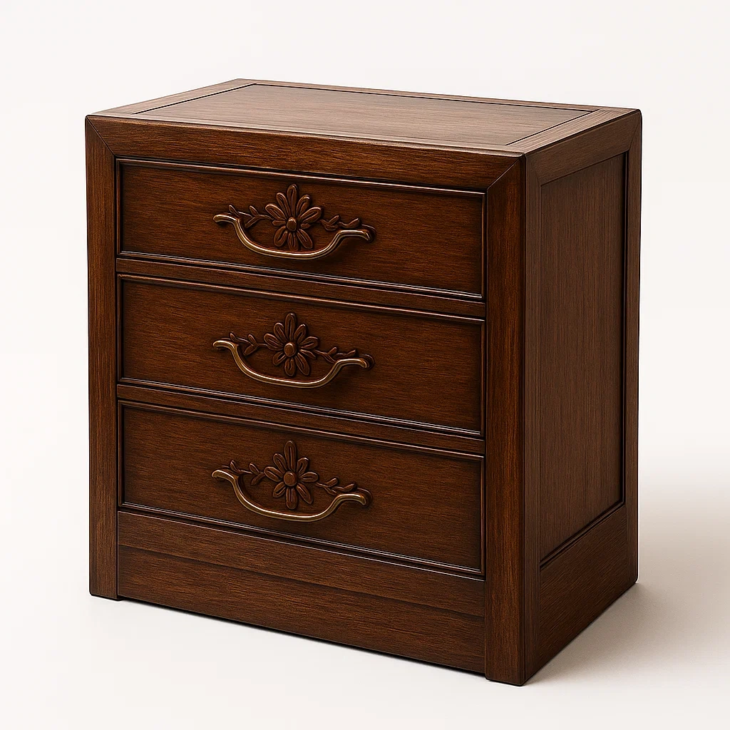 Comodini in legno massiccio marrone con maniglie intagliate