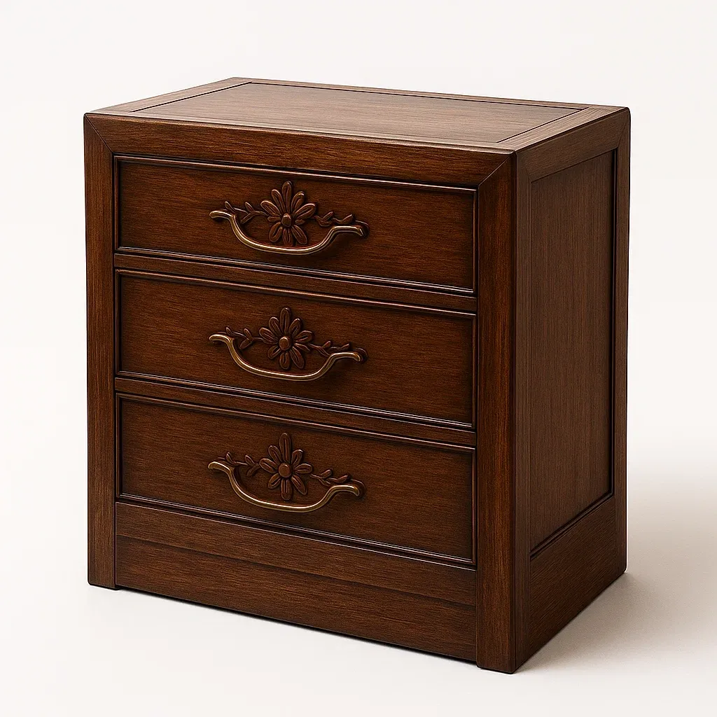 Comodini in legno massiccio marrone con maniglie intagliate