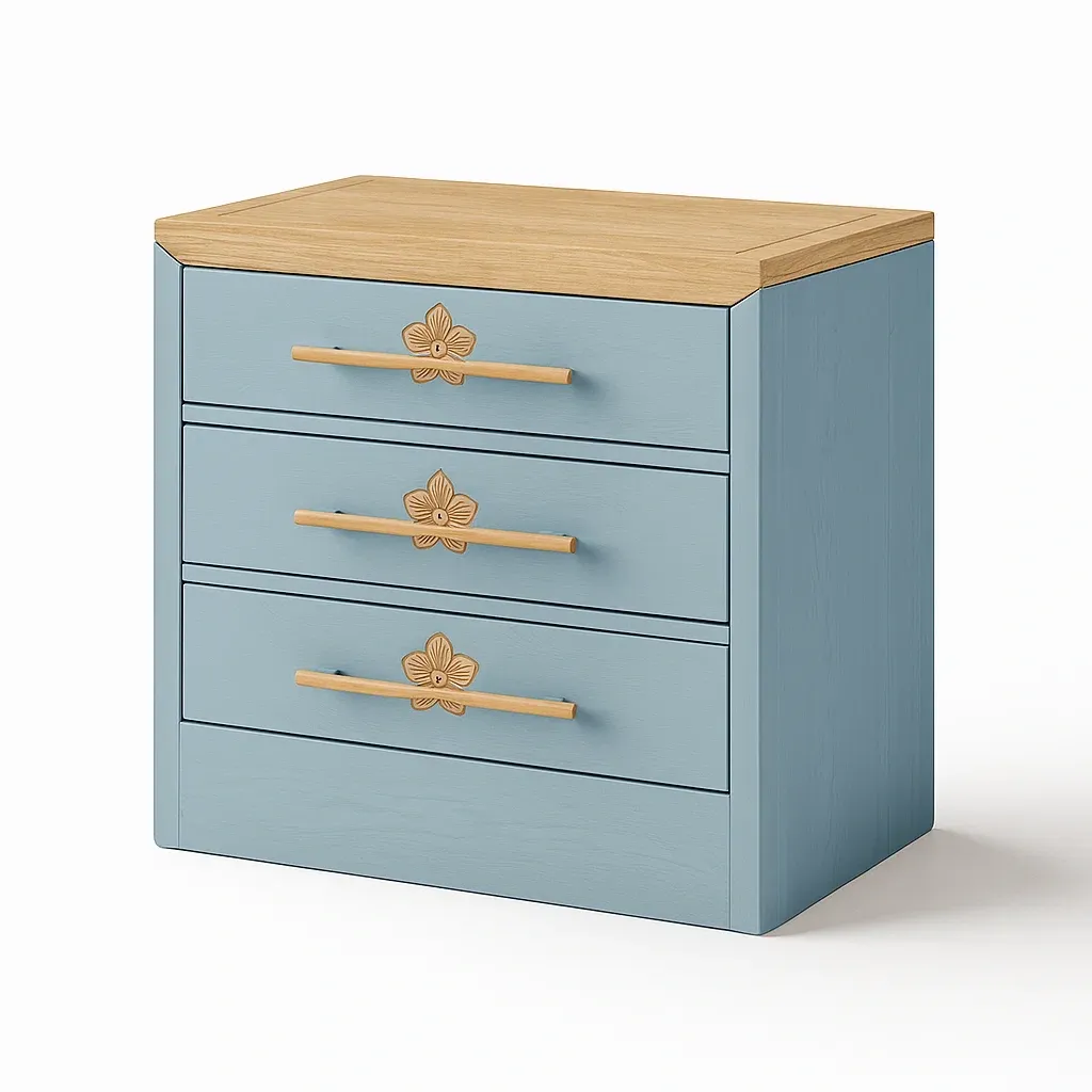Comodini in legno massello blu con 3 cassetti e maniglie decorative floreali