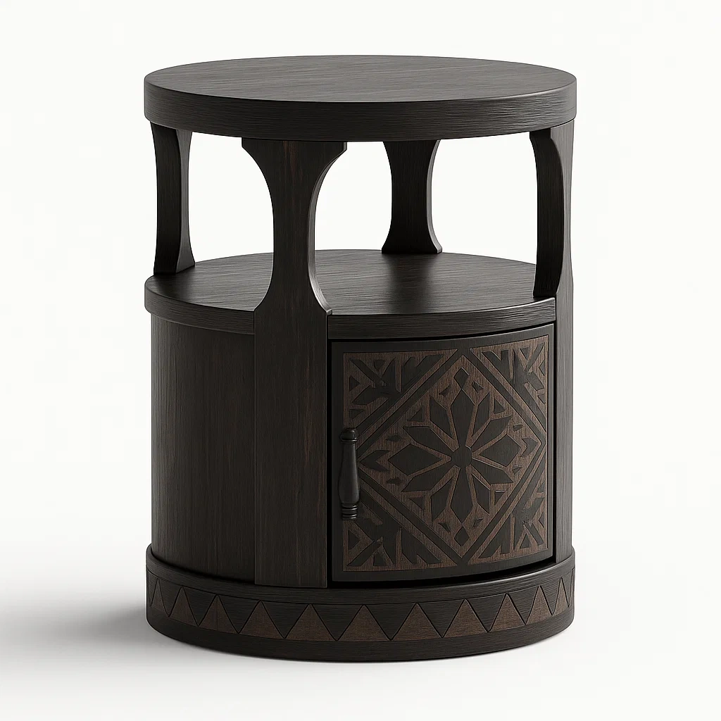 Comodini rotondo in legno massello con anta intagliata