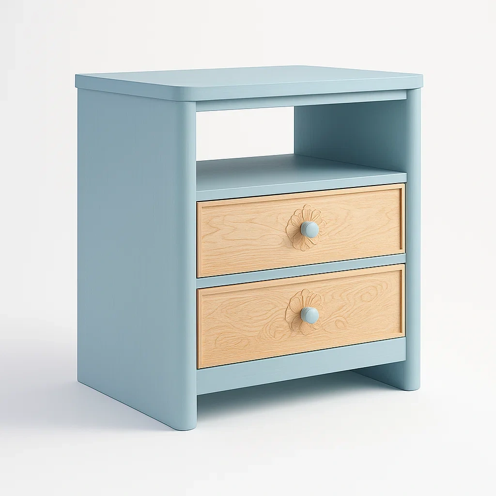 Comodini in legno azzurro con 2 cassetti in acero