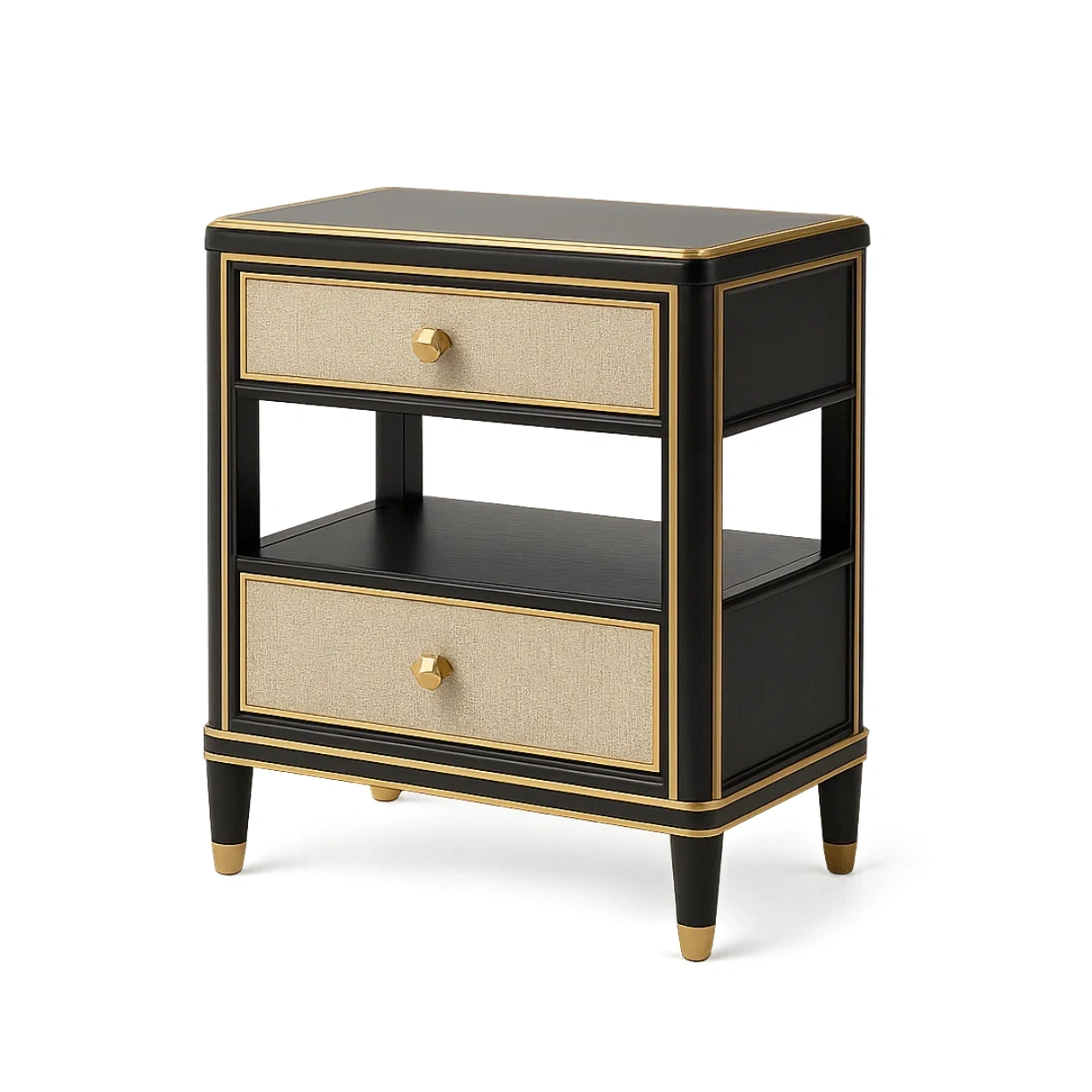 Comodini in legno con 2 cassetti in tessuto beige e ripiano aperto 60×40×75 cm