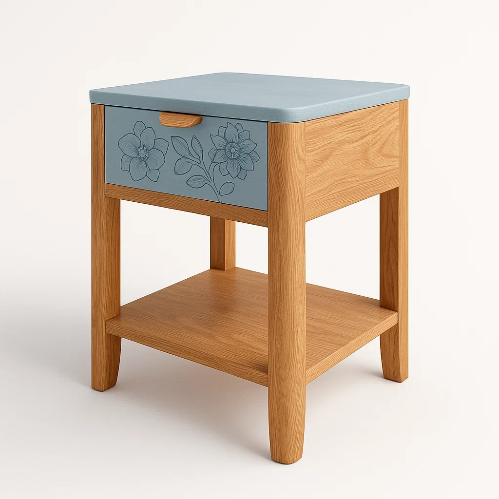 Comodini in rovere con cassetto decorato a fiori e piano blu 40×35×60 cm