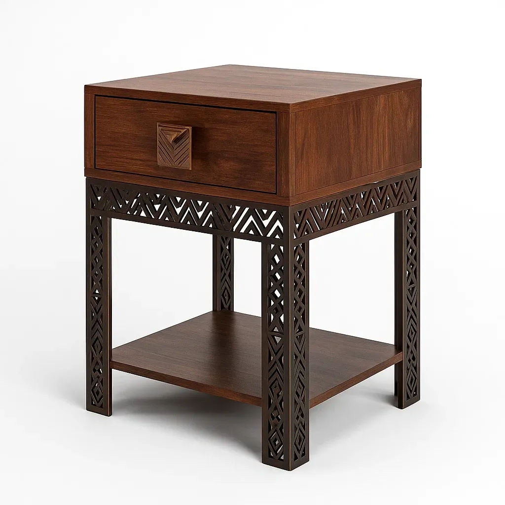 Comodini quadrato in legno MDF marrone con cassetto e base in metallo intagliato