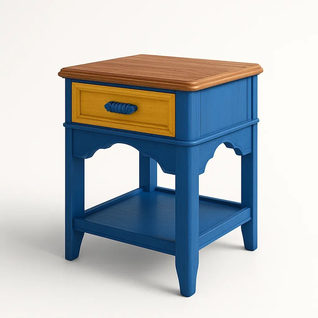 Comodini rettangolare in legno blu con cassetto giallo 40×35×60 cm