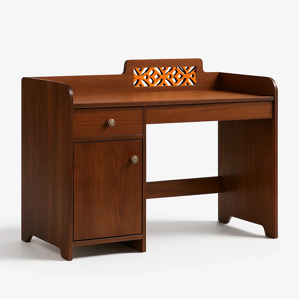 Scrivanie in legno laminato marrone con cassetto e armadietto