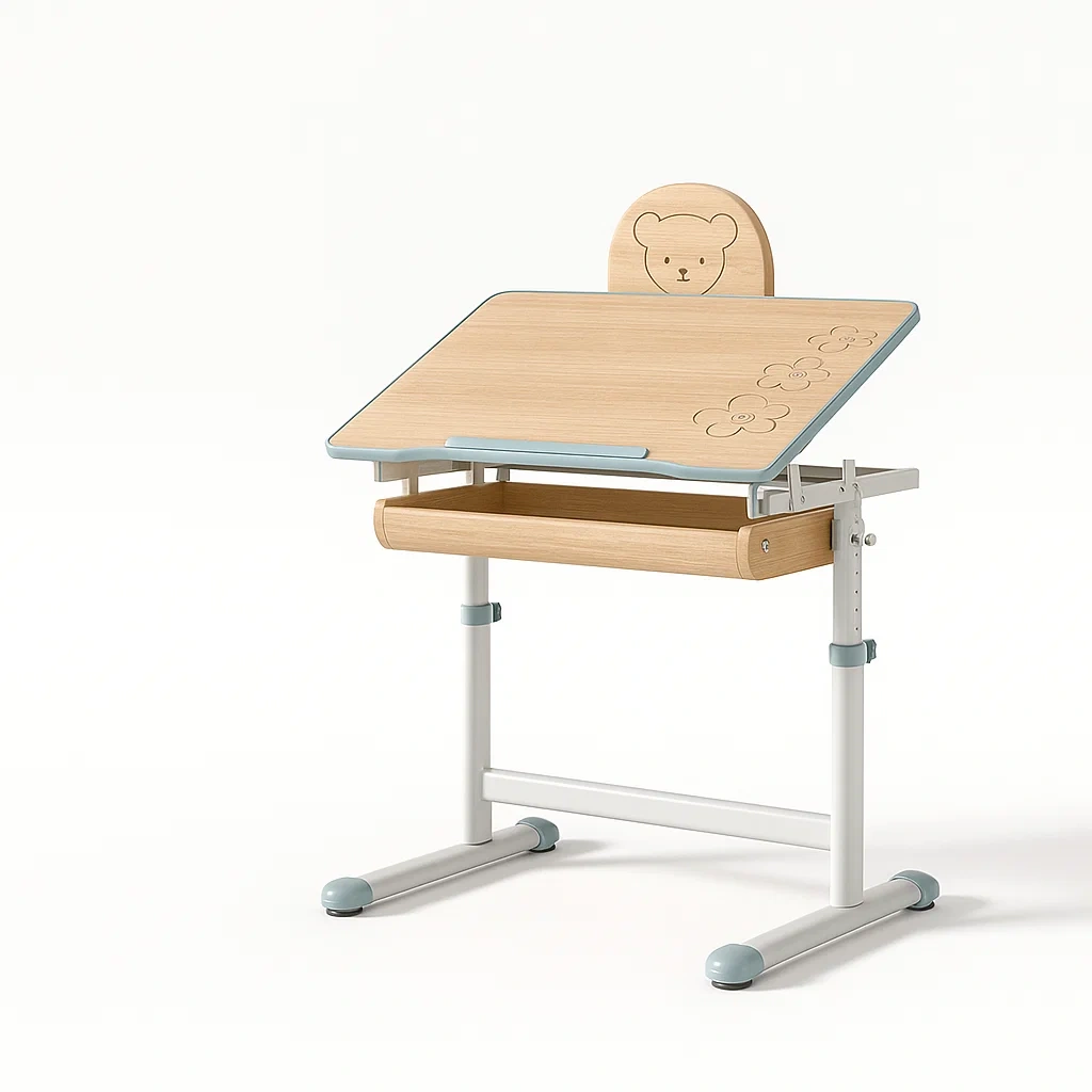 Scrivanie regolabile per bambini in legno chiaro e metallo con dettagli azzurri