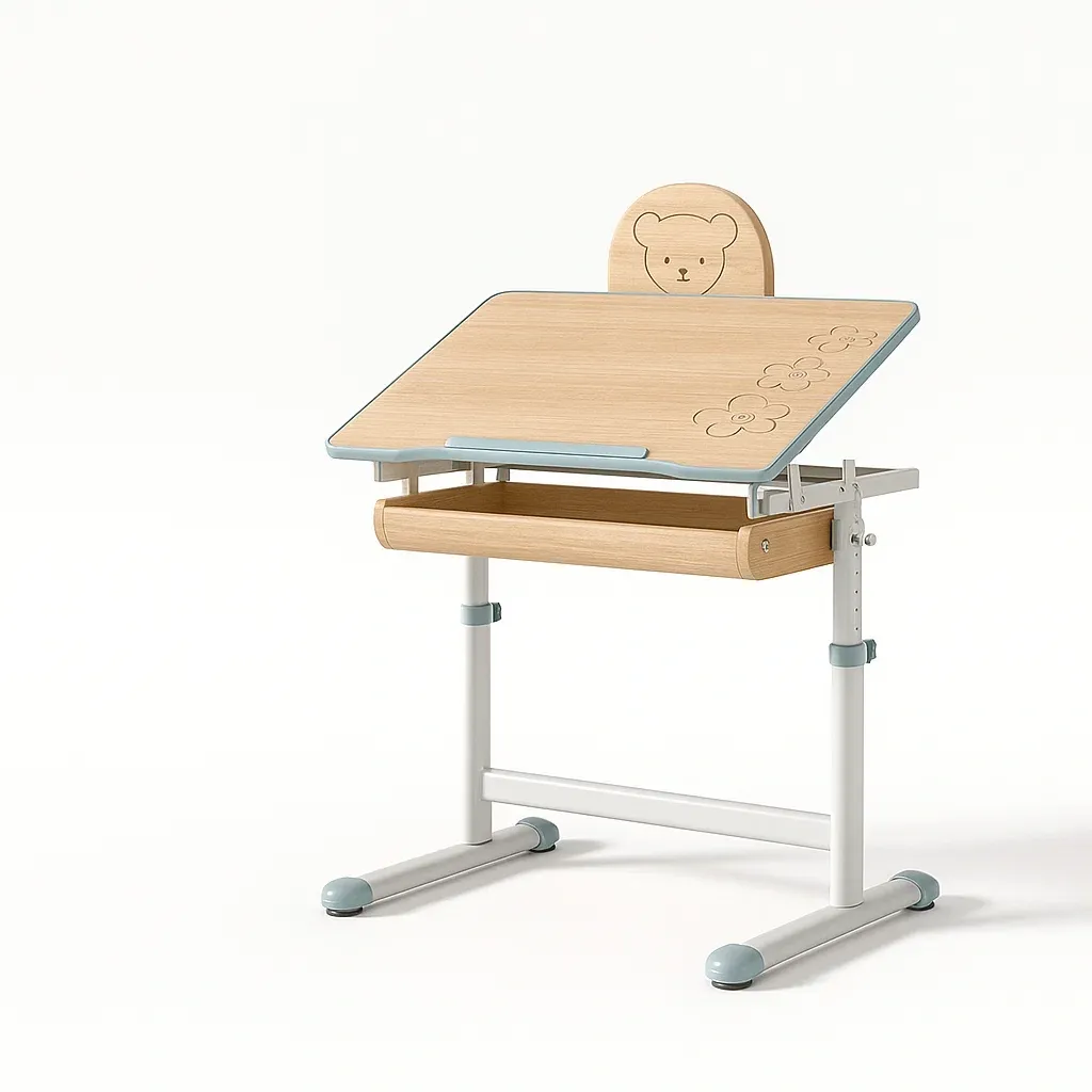 Scrivanie regolabile per bambini in legno chiaro e metallo con dettagli azzurri