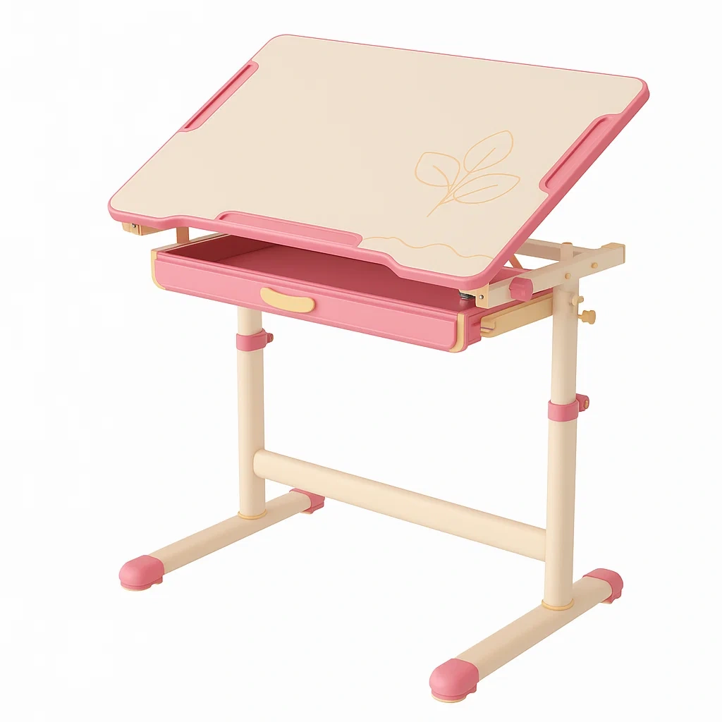 Scrivanie regolabile in metallo e legno MDF con cassetto rosa beige