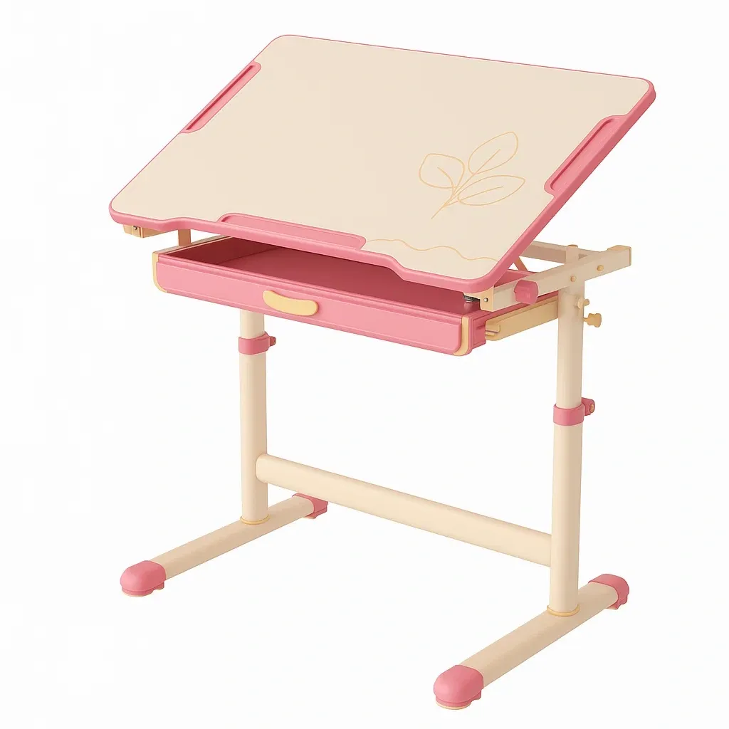 Scrivanie regolabile in metallo e legno MDF con cassetto rosa beige