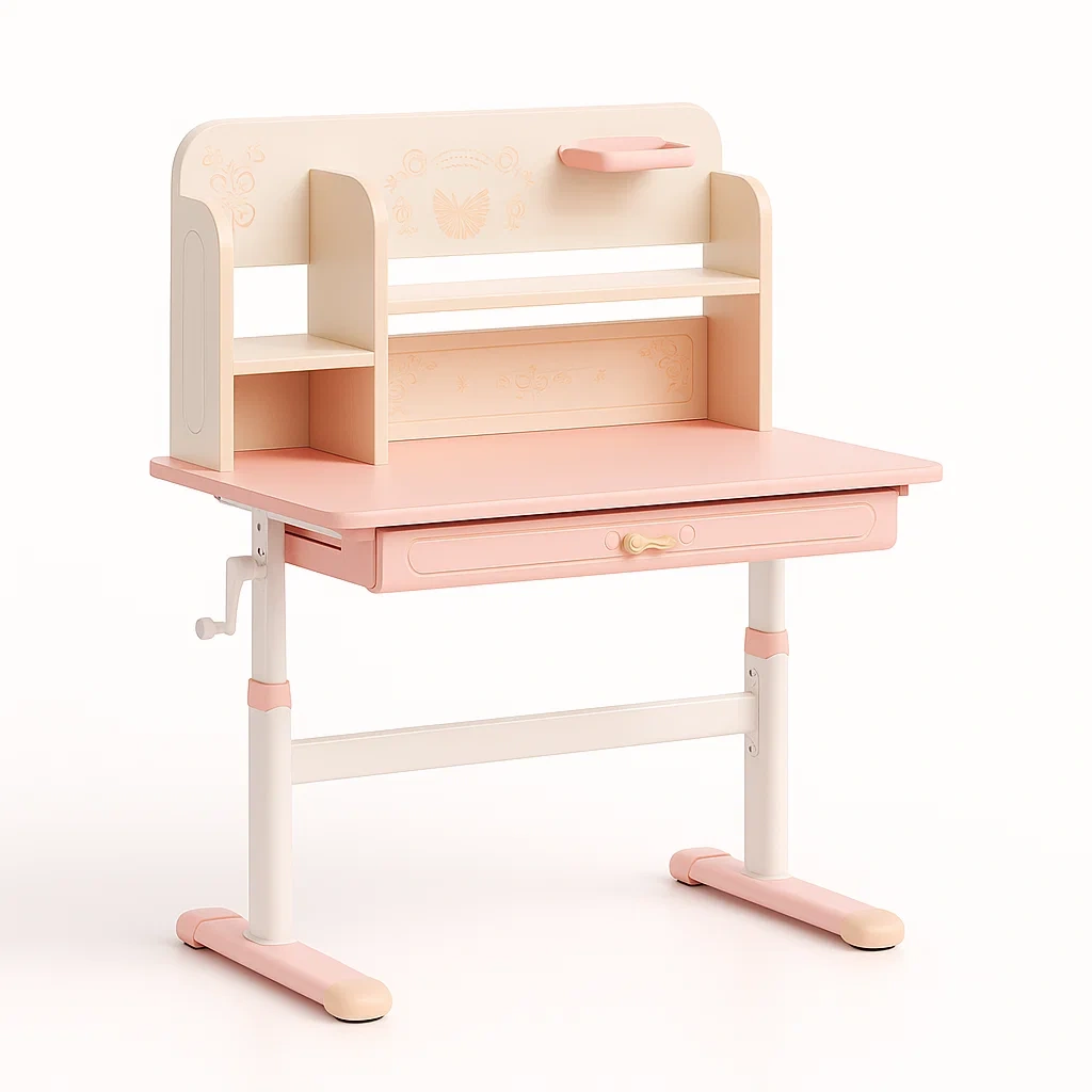 Scrivanie per bambini rosa con ripiani in legno e gambe in acciaio