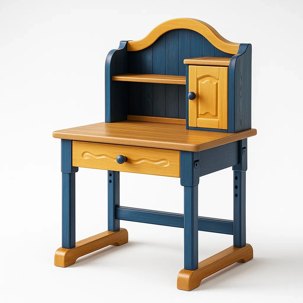 Scrivanie per bambini in legno blu e giallo con ripiani e cassetto