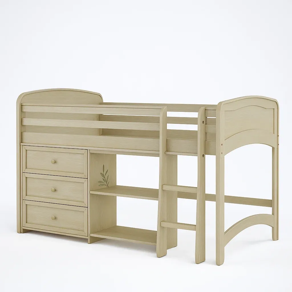 Letti a soppalco in legno massiccio con cassetti e scaffali beige
