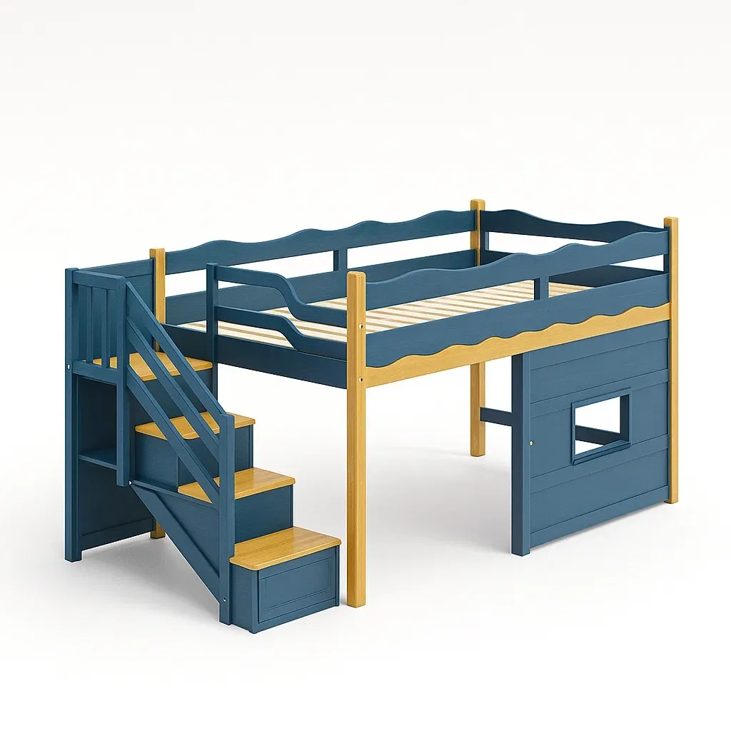 Letti a soppalco per bambini in legno blu e giallo con scala