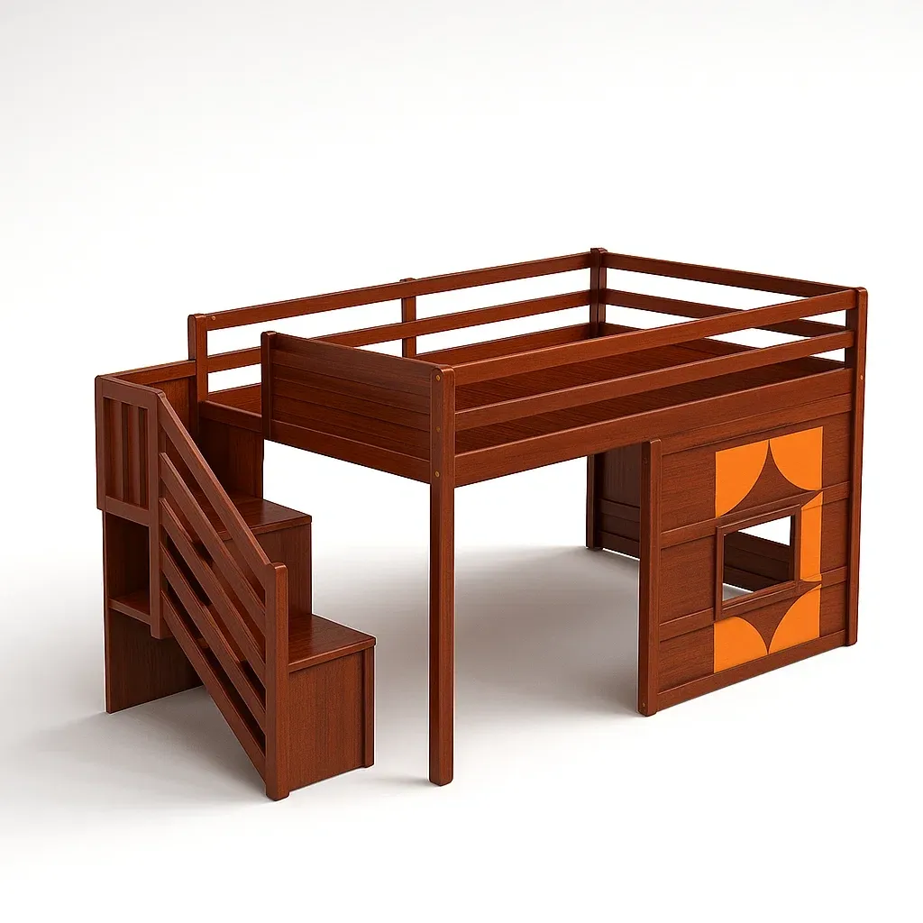 Letti a soppalco in legno con scala marrone e arancione