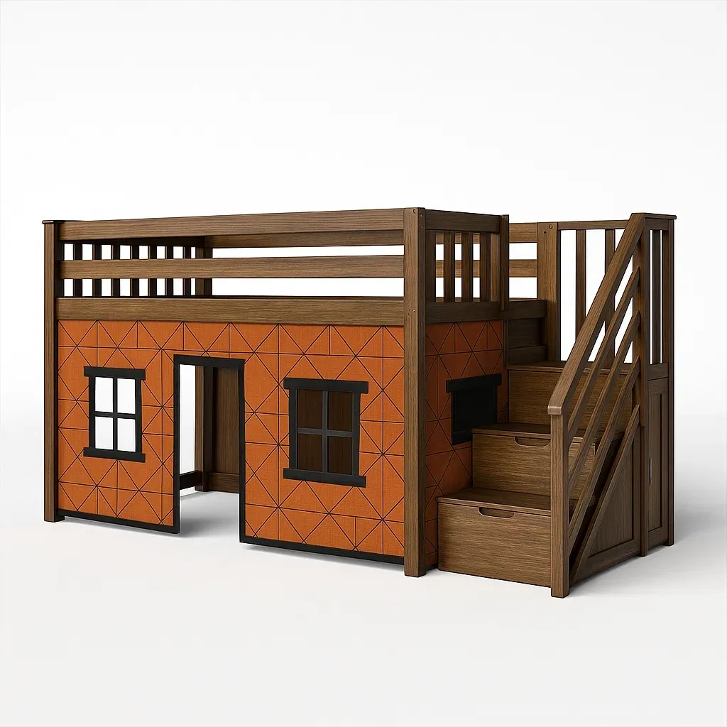 Letti a soppalco a forma di casetta in legno con scale e finestre