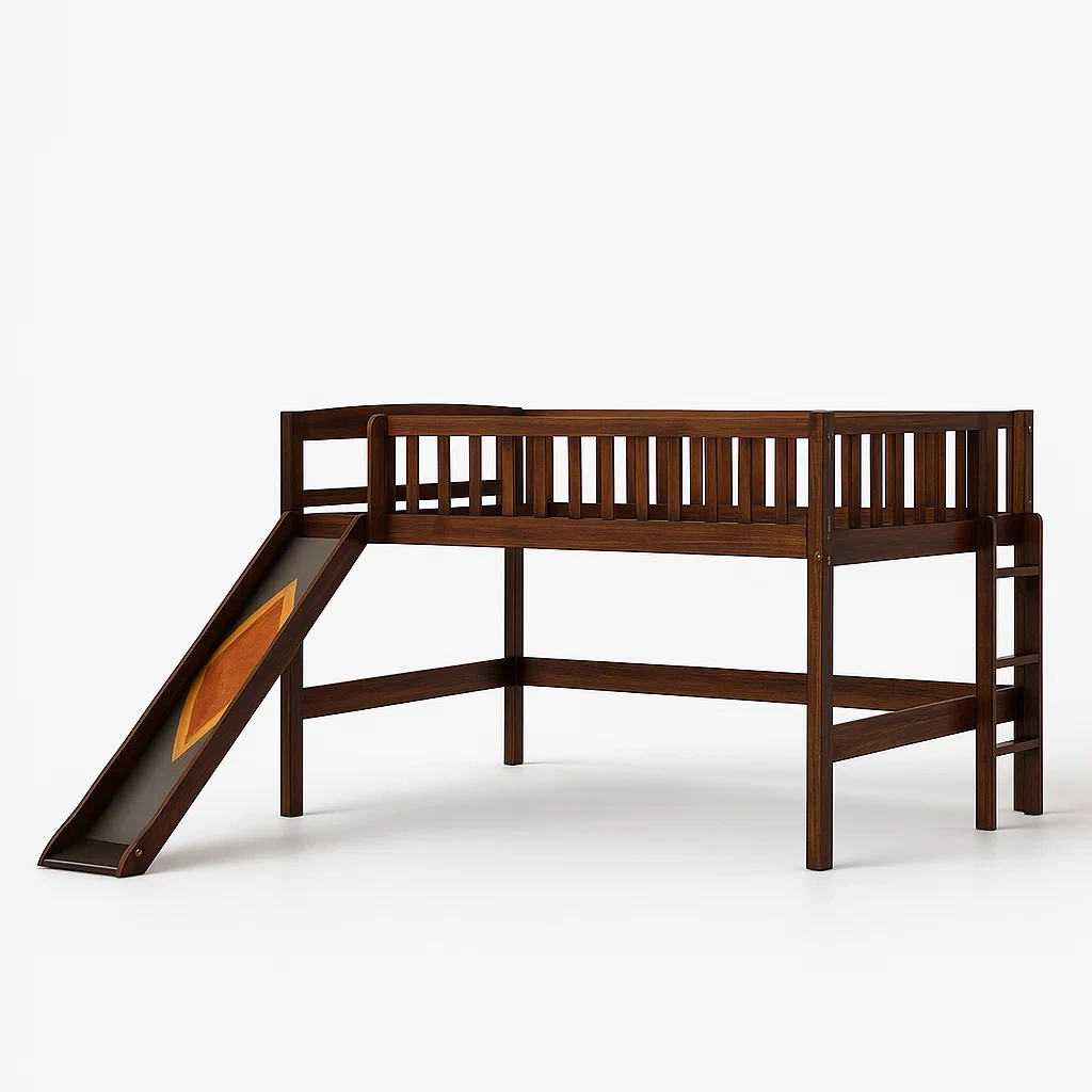 Letti a soppalco in legno massello con scivolo marrone