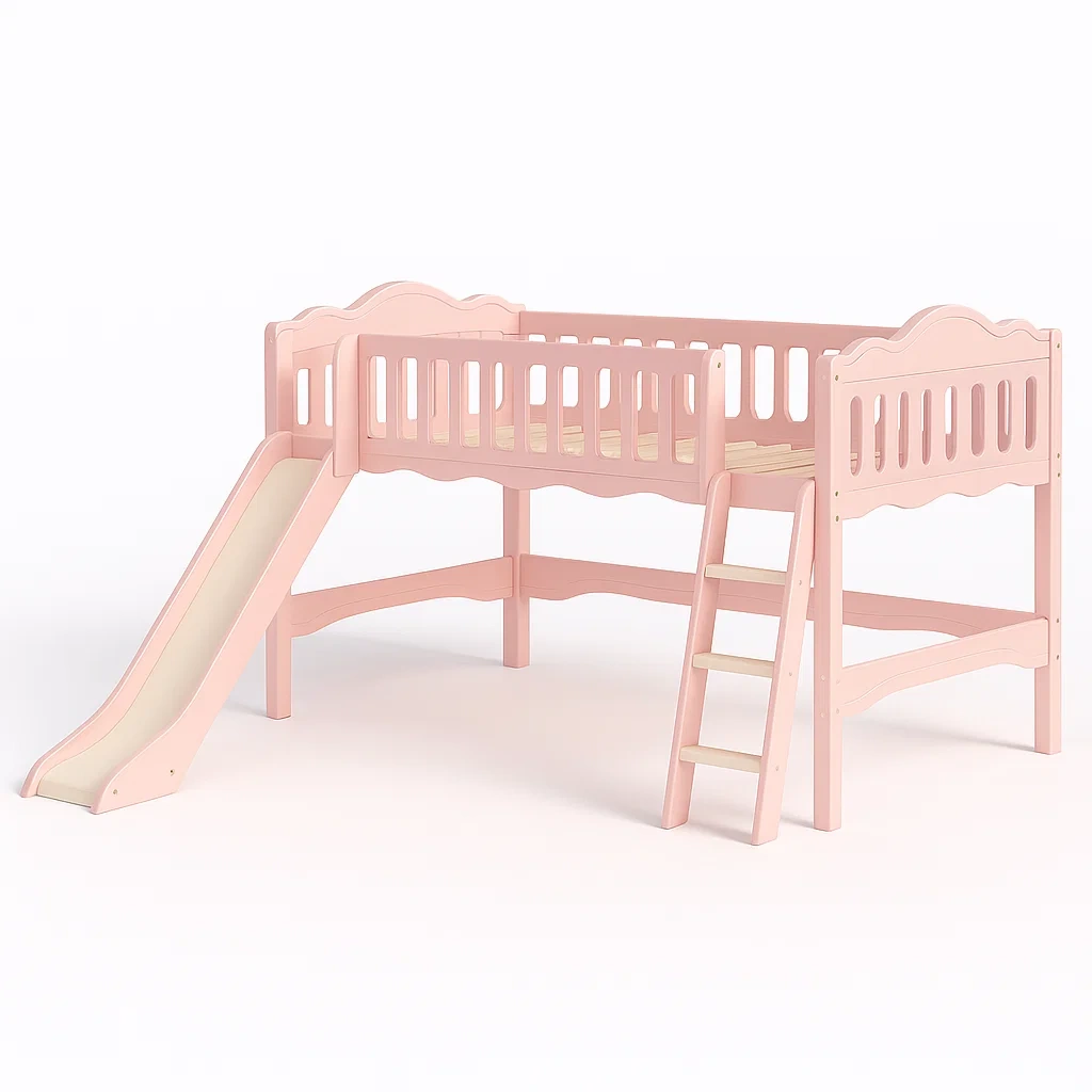 Letti a soppalco per bambini in legno con scivolo rosa