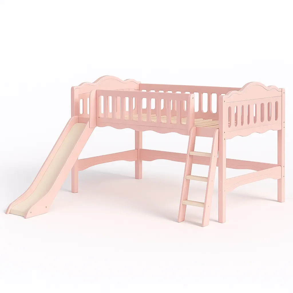 Letti a soppalco per bambini in legno con scivolo rosa