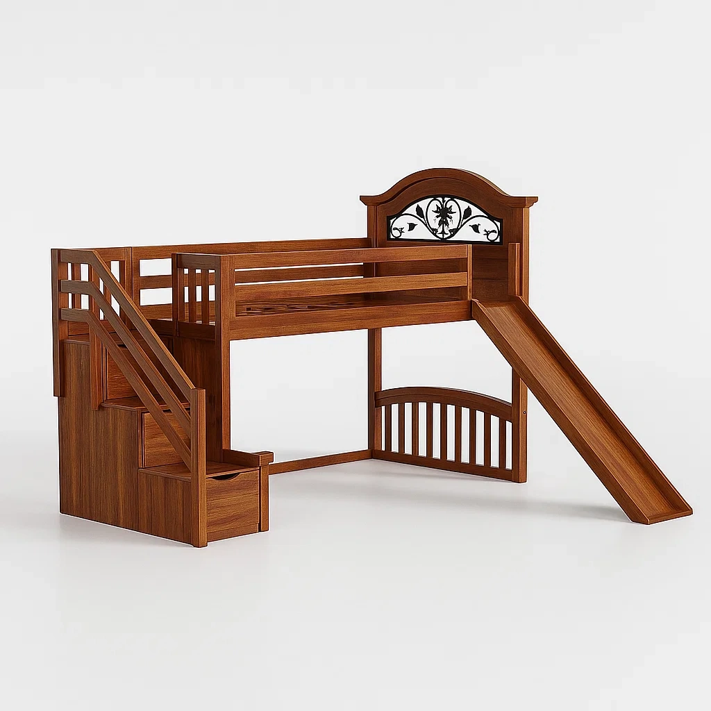 Letti a soppalco in legno massello con scivolo e scale