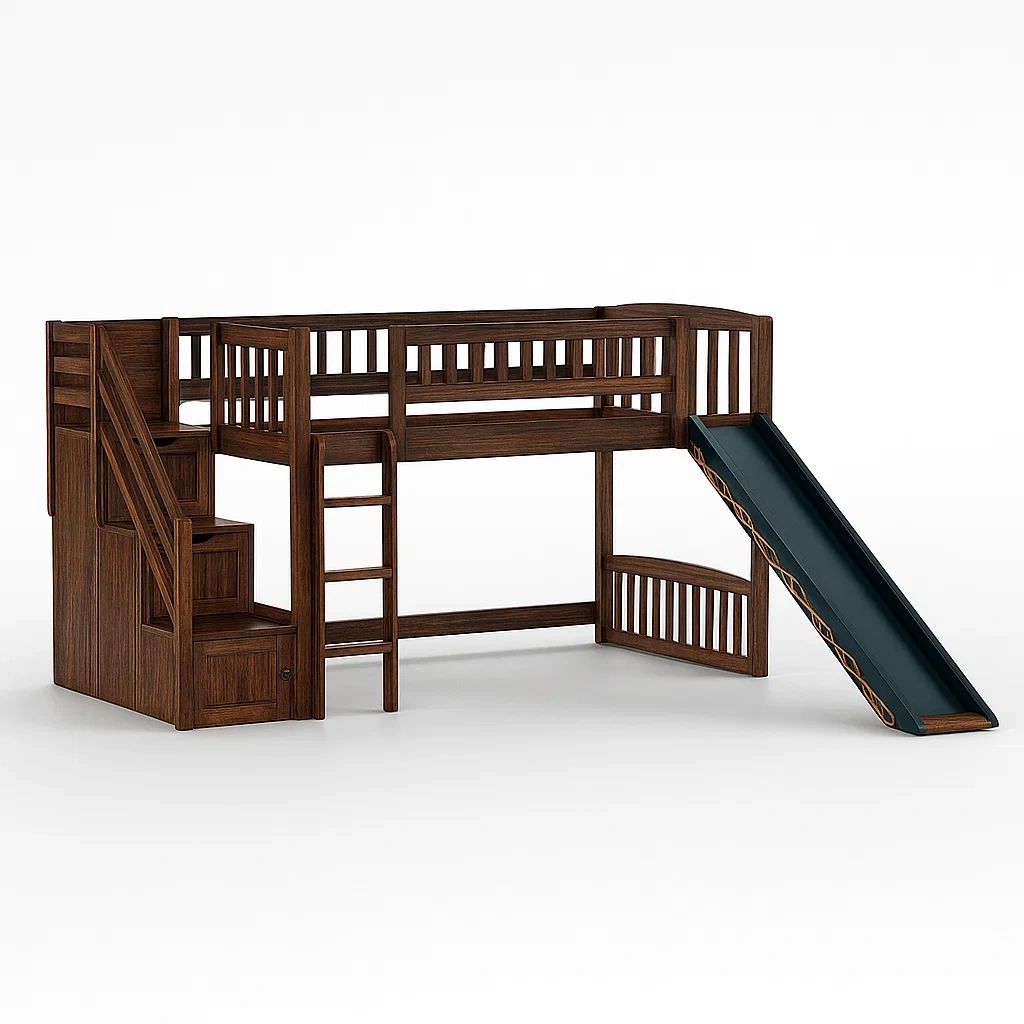 Letti a soppalco per bambini in legno massello marrone con scivolo