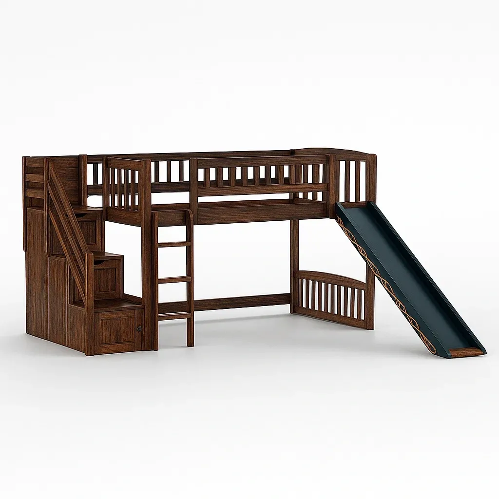 Letti a soppalco per bambini in legno massello marrone con scivolo