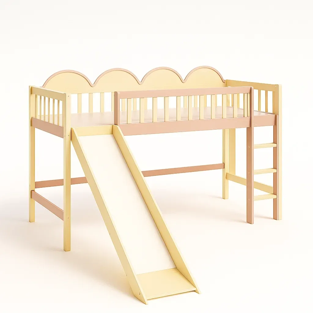 Letti a soppalco per bambini in legno con scivolo giallo e rosa
