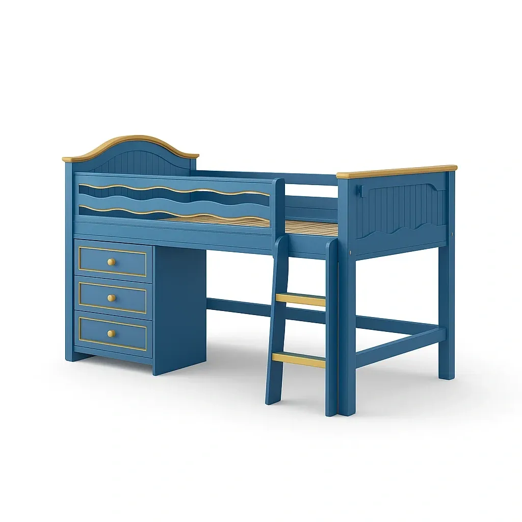 Letti a soppalco per bambini in legno blu con scala e cassetti