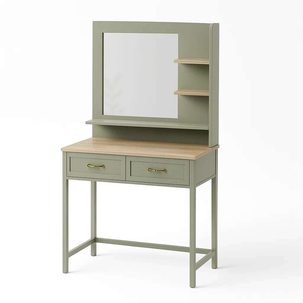 Tavoli trucco con specchio e mensole in legno verde oliva con 2 cassetti