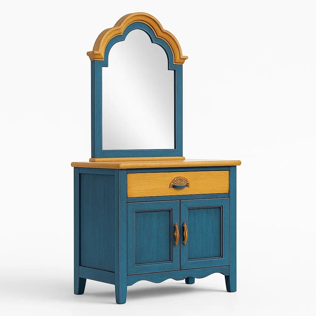 Tavoli trucco in legno con specchio blu e giallo