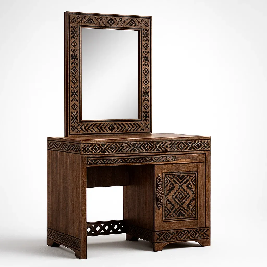 Tavoli trucco in legno intagliato con specchio marrone