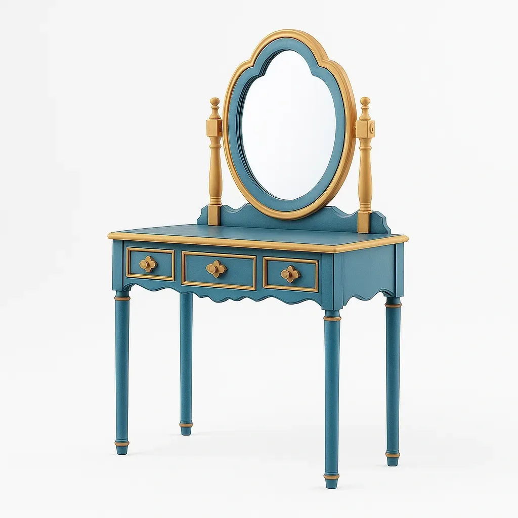 Tavoli trucco con specchio ovale in legno bleu canard e oro